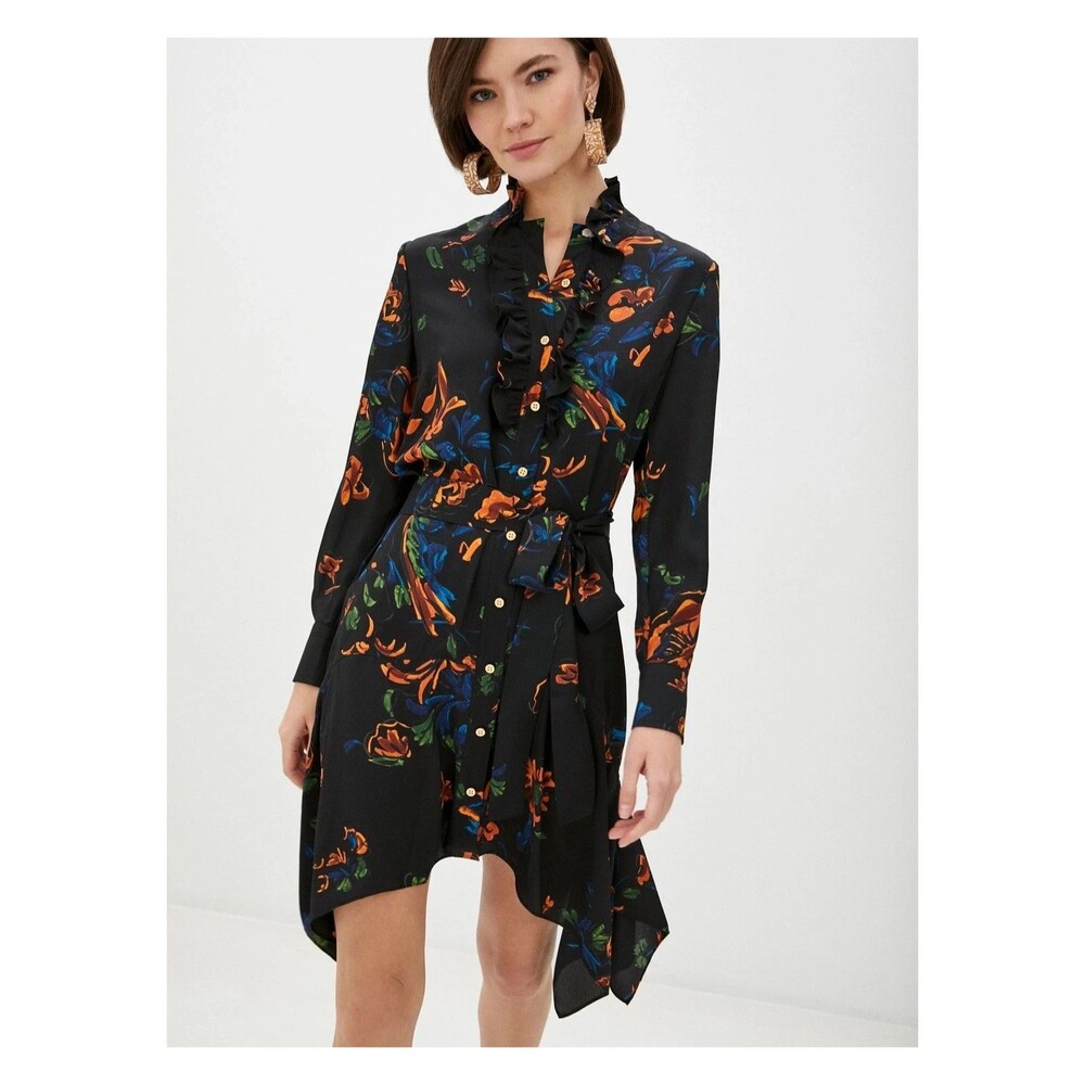 Tory Burch Cora Ruffled Belted Dress Size 14 Black Floral Print Asymmetrical Hem